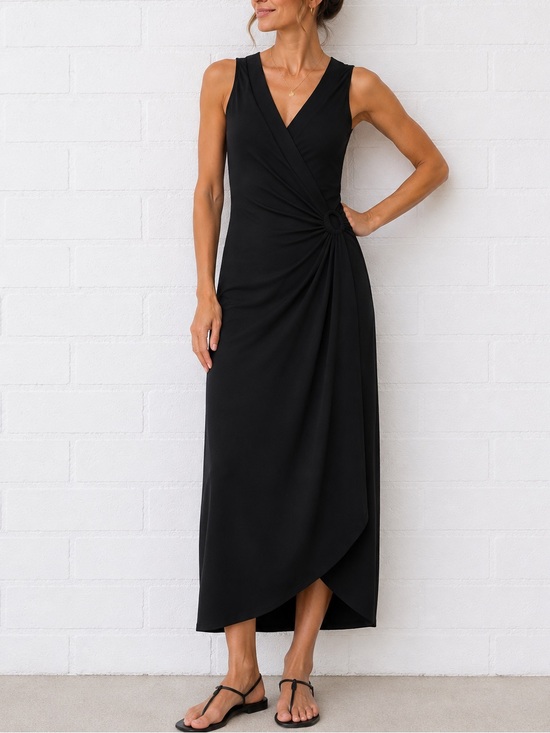 Lands' End Dresses & Skirts - Lands’ End Black Faux Wrap Maxi Dress XS V Neck Tulip Hem Ruched Sleeveless
